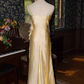 Vintage une ligne bretelles Spaghetti or longues robes de bal C71