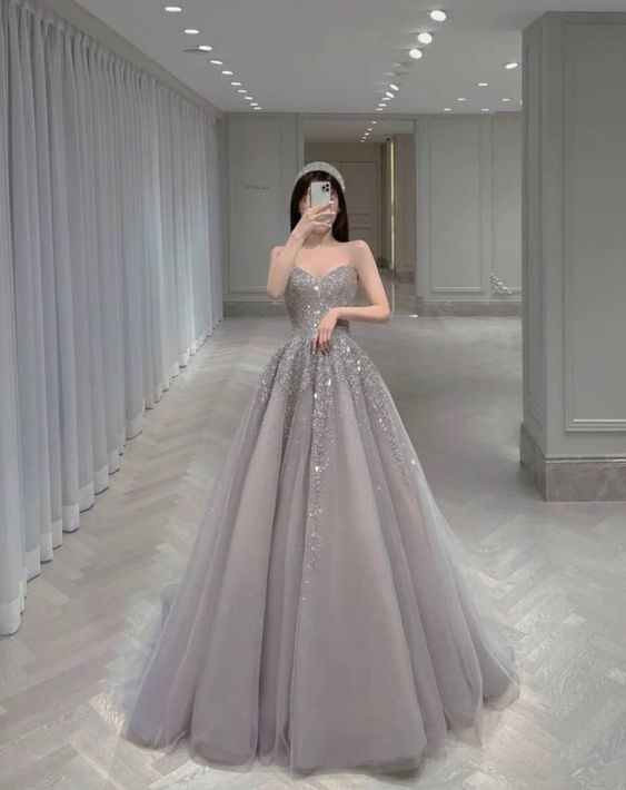 Vintage A Line Sweetheart Neckline Tulle Sequin Long Prom Dress C728