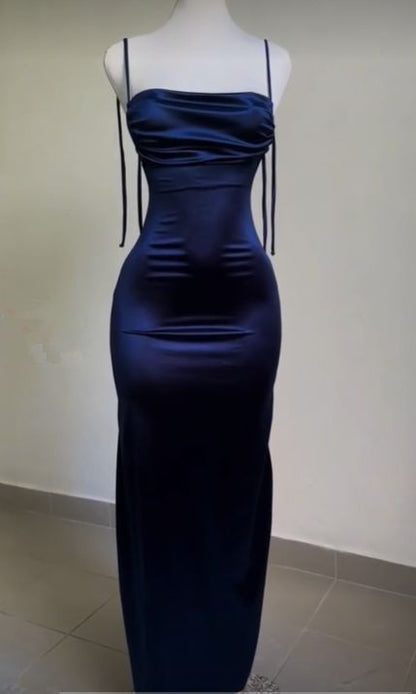 Vintage Mermaid Spaghetti Straps Custom Silk Satin Blue Long Prom Dresses C730