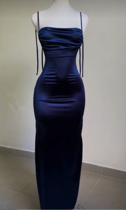 Vintage Mermaid Spaghetti Straps Custom Silk Satin Blue Long Prom Dresses C730