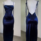 Vintage Mermaid Spaghetti Straps Custom Silk Satin Blue Long Prom Dresses C730