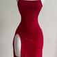 Sexy Sheath Spaghetti Straps Red Slit Backless Long Prom Dress C751