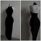 Vintage Sheath High Neckline Black Long Prom Dress C757