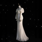 Fairytale White Satin Wedding Dress Ivory Satin Sequins Puff Sleeve Wedding Dress C762