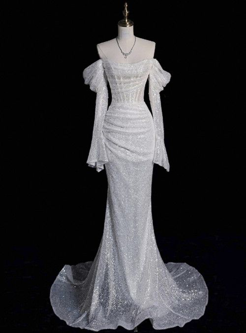 Fairytale Wedding Dress White Mermaid Sequins Long Sleeve Wedding Dresses C763