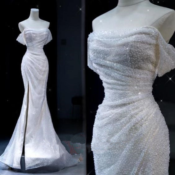 Fairytale Wedding Dress White Mermaid Sequin Short Sleeves Wedding Dresses C766