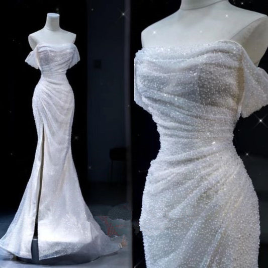 Fairytale Wedding Dress White Mermaid Sequin Short Sleeves Wedding Dresses C766