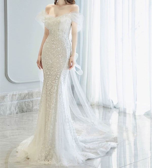 Fairytale Wedding Dress White Mermaid Off The Shoulder Short Sleeves Wedding Dresses C767