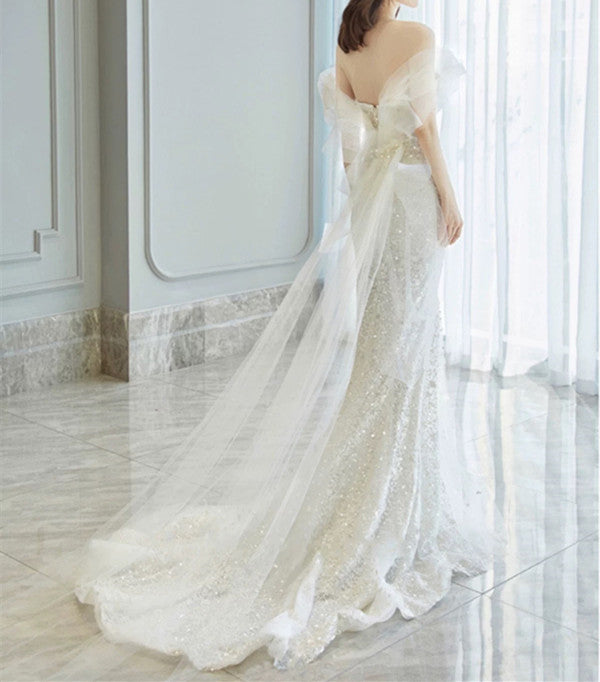 Fairytale Wedding Dress White Mermaid Off The Shoulder Short Sleeves Wedding Dresses C767