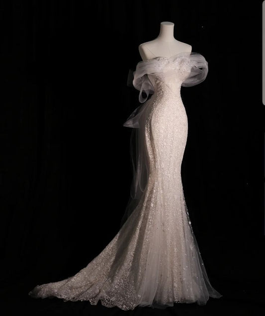 Fairytale Wedding Dress White Mermaid Off The Shoulder Short Sleeves Wedding Dresses C767