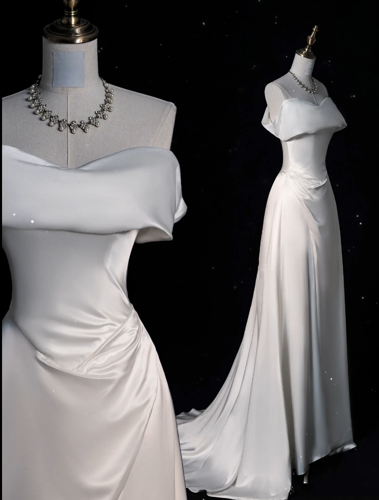 Fairytale Wedding Dress White Mermaid Off The Shoulder Satin Wedding Dresses C768
