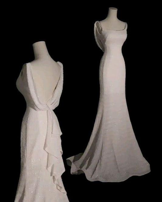 Vintage White Mermaid Straps Sequin Long Backless Wedding Dresses C771