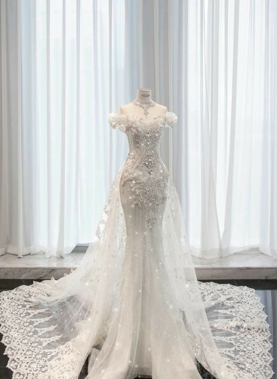 Vintage White Mermaid Off The Shoulder Sequin Long Wedding Dresses C772