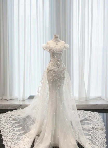 Vintage White Mermaid Off The Shoulder Sequin Long Wedding Dresses C772