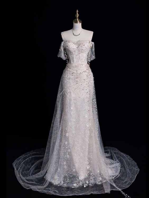 Vintage Mermaid Off The Shoulder Long White Tulle Wedding Dresses C784
