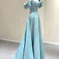 Vintage A line Straps Blue Satin Long Prom Dress C789