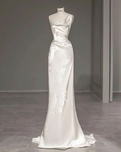 Vintage Mermaid Straps Sleeveless Long Print Flower Satin Wedding Dresses C798
