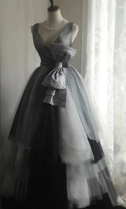 Princess A Line V Neck Satin Tulle Long Prom Dress, Evening Dress C8015