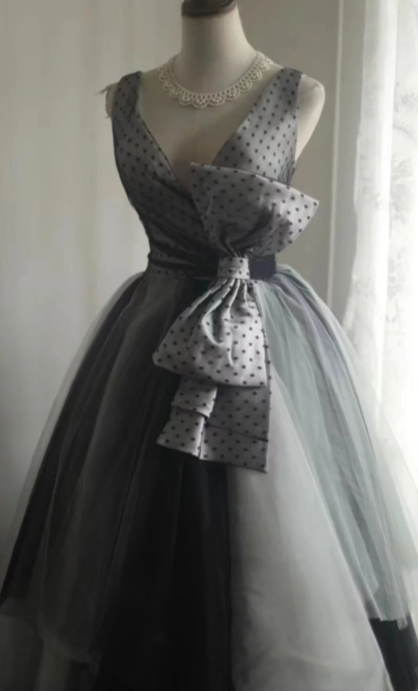 Princess A Line V Neck Satin Tulle Long Prom Dress, Evening Dress C8015