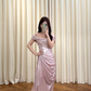 Robe de bal longue rose sirène à épaules dénudées, plissée et fendue, en satin, référence C8019
