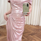 Robe de bal longue rose sirène à épaules dénudées, plissée et fendue, en satin, référence C8019