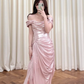 Robe de bal longue rose sirène à épaules dénudées, plissée et fendue, en satin, référence C8019