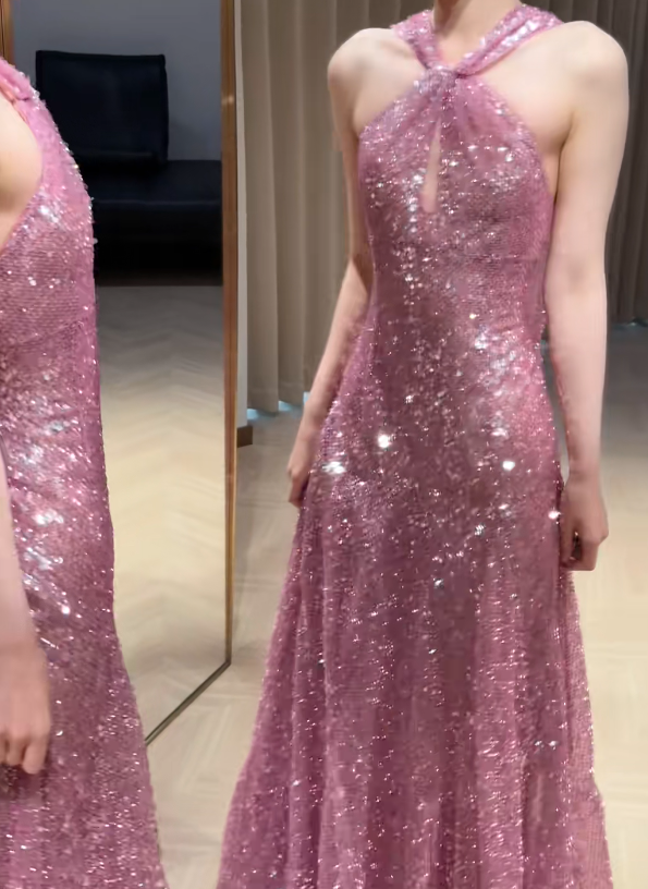 Shiny A Line Halter Sequin Long Prom Dress, Evening Dress C8020