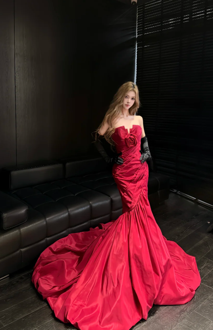 Robe de bal longue sirène élégante, sans bretelles, plissée, en satin, sans gants, C8021
