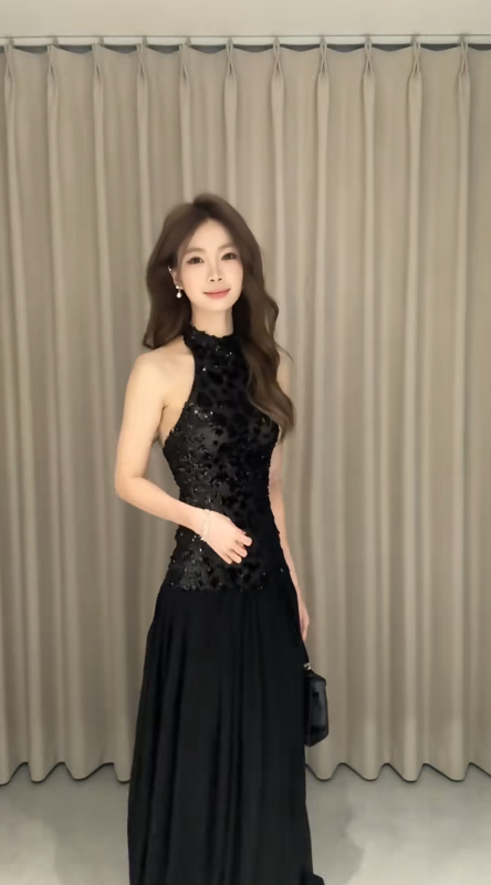 Elegant Black A Line Halter Satin Sequin Long Prom Dress, Evening Dress C8025