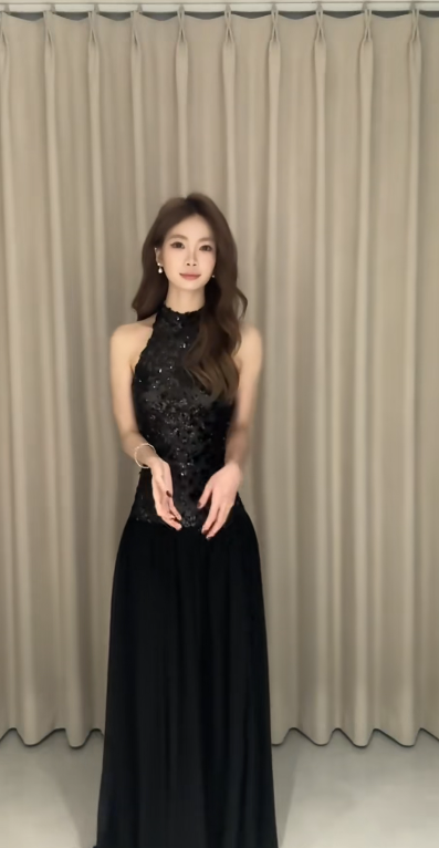 Elegant Black A Line Halter Satin Sequin Long Prom Dress, Evening Dress C8025