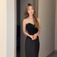 Robe de bal longue sirène en satin noir à décolleté cœur, robe de soirée C8032