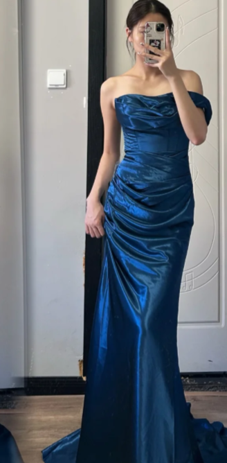 Chic Mermaid Off The Shoulder Satin Long Prom Dress, Evening Dress C8040