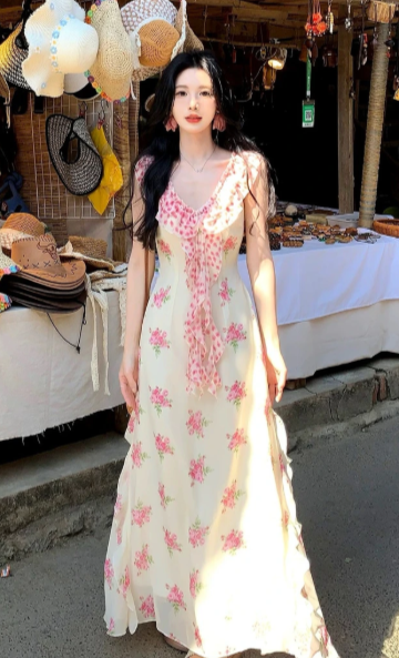 Pretty A Line V Neck Printed Floral Chiffon Long Prom Dress, Evening Dress C8043