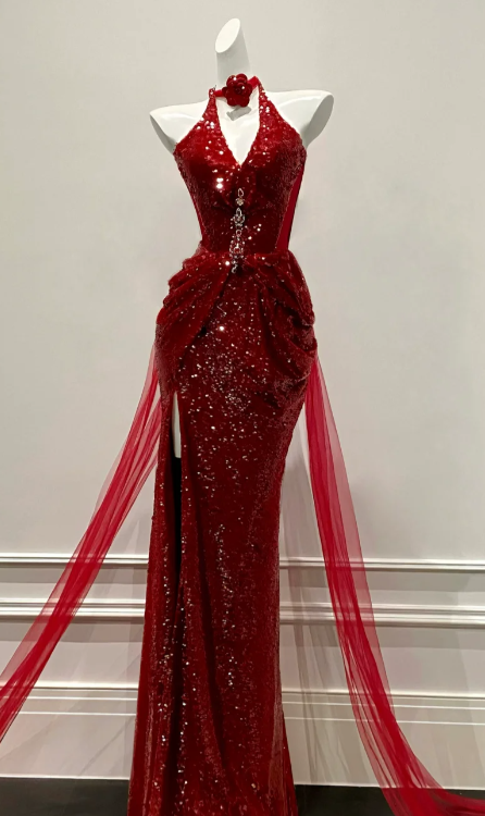 Robe de bal longue sirène brillante en tulle bordeaux à sequins et fente dos nu, robe de soirée C8049