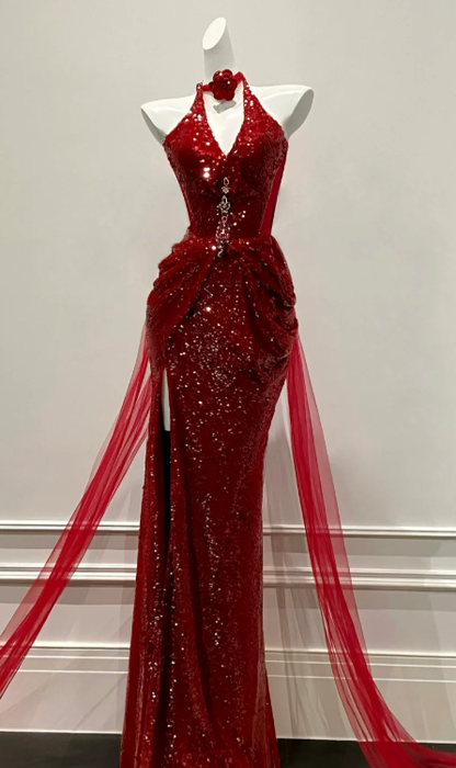 Robe de bal longue sirène brillante en tulle bordeaux à sequins et fente dos nu, robe de soirée C8049