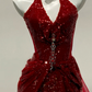 Robe de bal longue sirène brillante en tulle bordeaux à sequins et fente dos nu, robe de soirée C8049