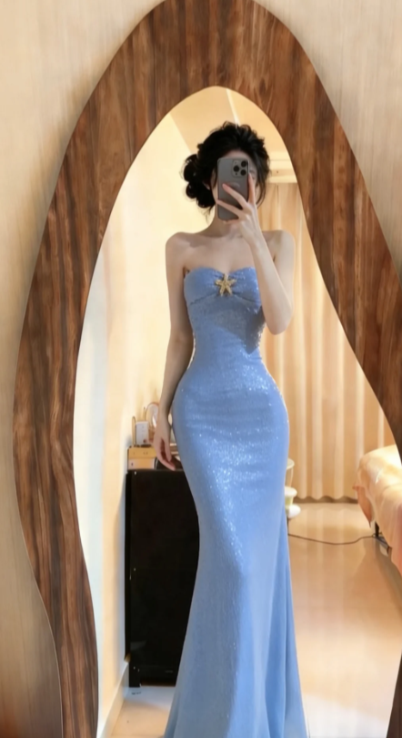 Shiny Mermaid Strapless Satin Sequin Long Prom Dress, Evening Dress C8051