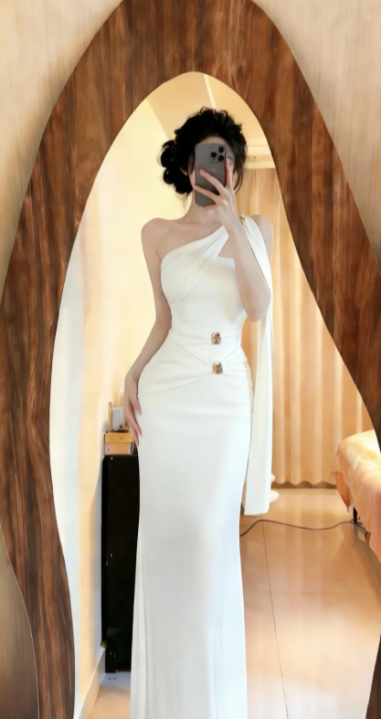 Classy Mermaid One Shoulder White Satin Long Prom Dress, Evening Dress C8052