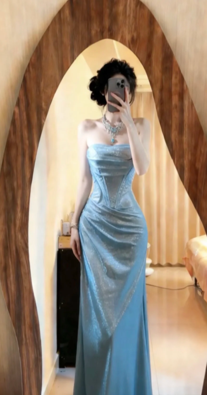 Robe de bal longue sirène bustier bleu clair en satin à sequins, robe de soirée C8053