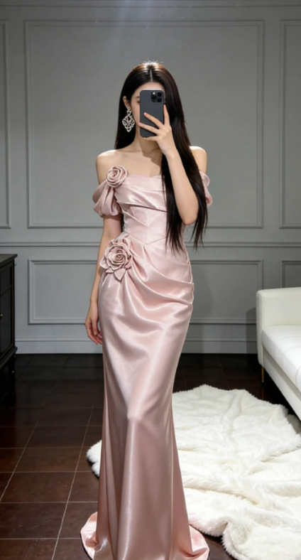 Robe de bal longue sirène rose plissée en satin à épaules dénudées, robe de soirée C8056