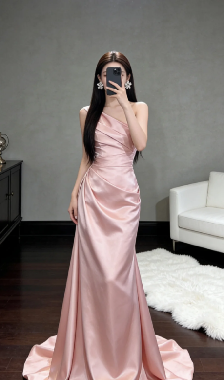 Classy A Line One Shoulder Pink Pleated Satin Long Prom Dress, Evening Dress C8057