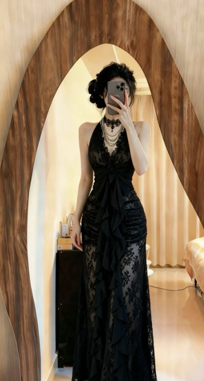 Sexy Mermaid Black Halter Lace Long Prom Dress, Evening Dress C8058