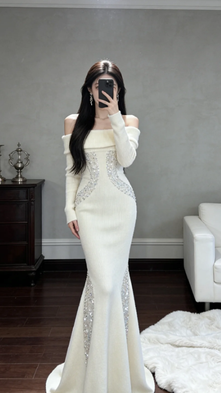 Robe de bal longue sirène unique à épaules dénudées, manches longues en satin à sequins, robe de soirée C8061