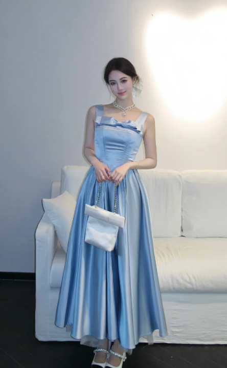 Pretty A Line Square Neck Pale Blue Satin Long Prom Dress, Evening Dress C8064