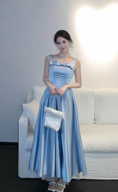 Pretty A Line Square Neck Pale Blue Satin Long Prom Dress, Evening Dress C8064