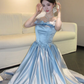 Pretty A Line Square Neck Pale Blue Satin Long Prom Dress, Evening Dress C8064
