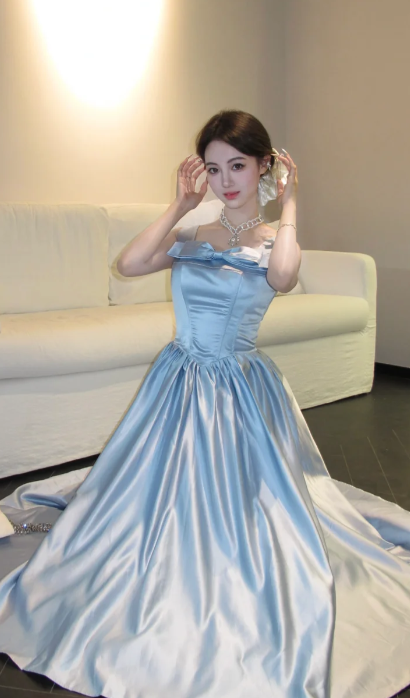 Pretty A Line Square Neck Pale Blue Satin Long Prom Dress, Evening Dress C8064