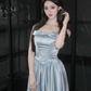 Pretty A Line Square Neck Pale Blue Satin Long Prom Dress, Evening Dress C8064