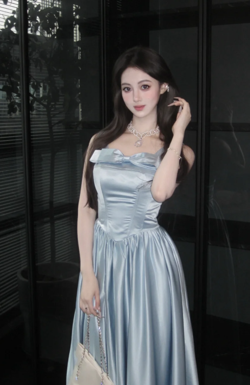 Pretty A Line Square Neck Pale Blue Satin Long Prom Dress, Evening Dress C8064