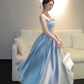 Pretty A Line Square Neck Pale Blue Satin Long Prom Dress, Evening Dress C8064